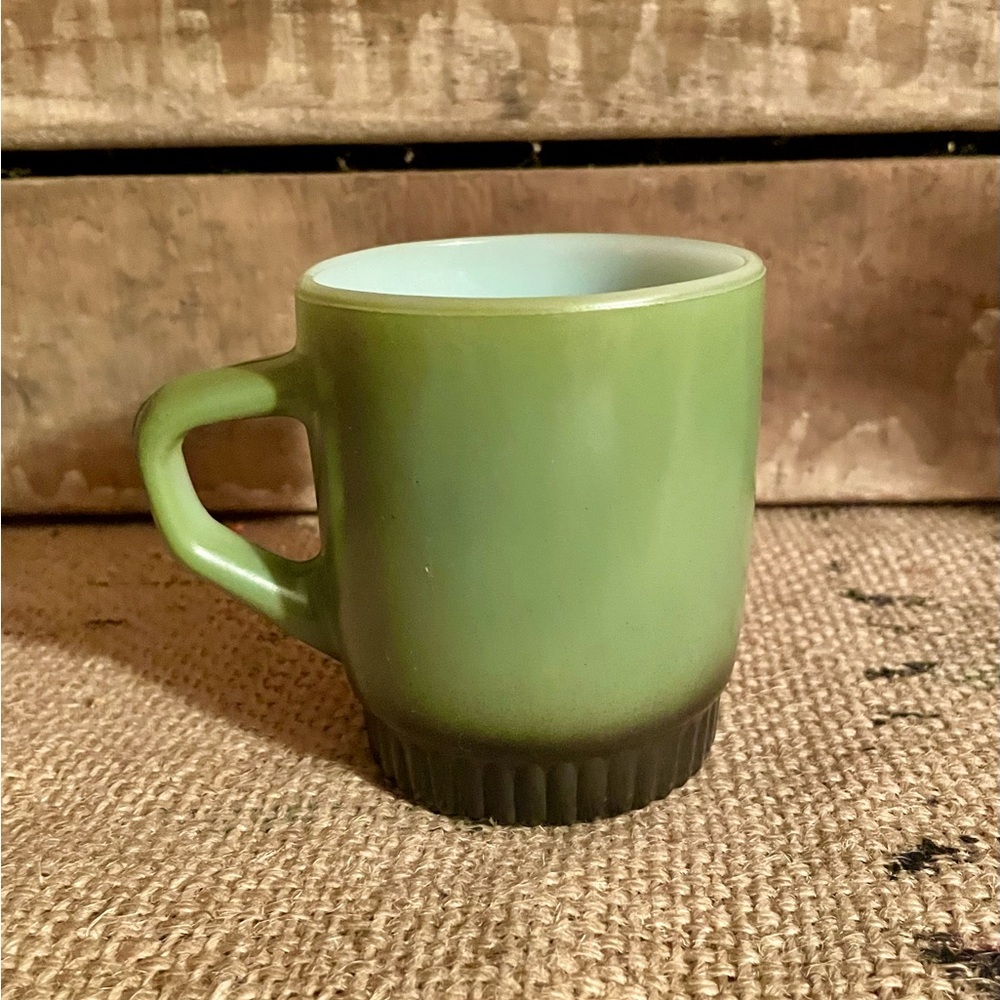 Vintage MCM Retro Fire King Avocado green and black rib stacking milk glass mug